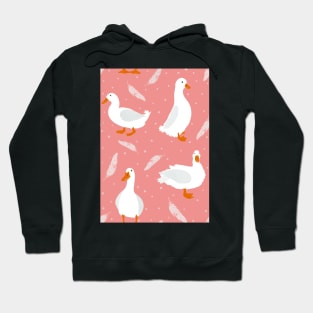 White Pekin Ducks with feathers and dots repeat pattern Hoodie